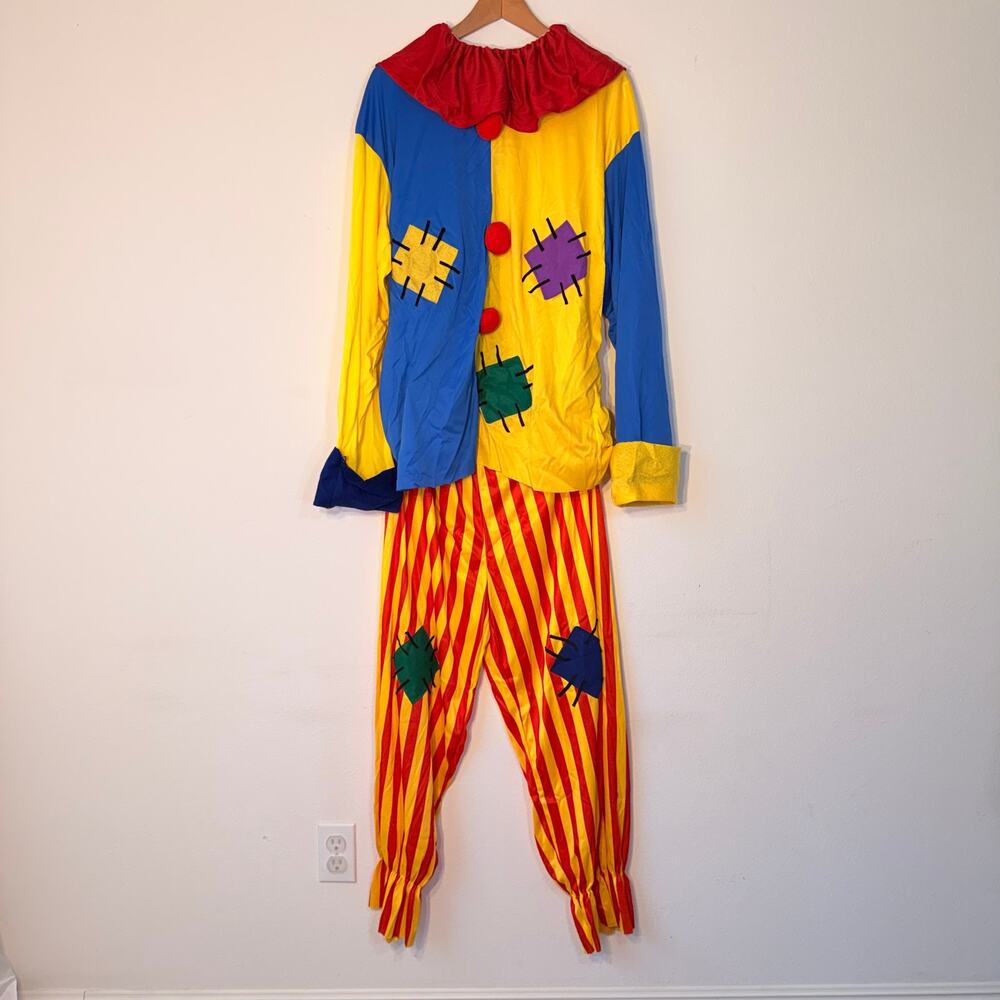 Complete Adult Clown Costume Shirt Pants Collar & Red Nose One Size